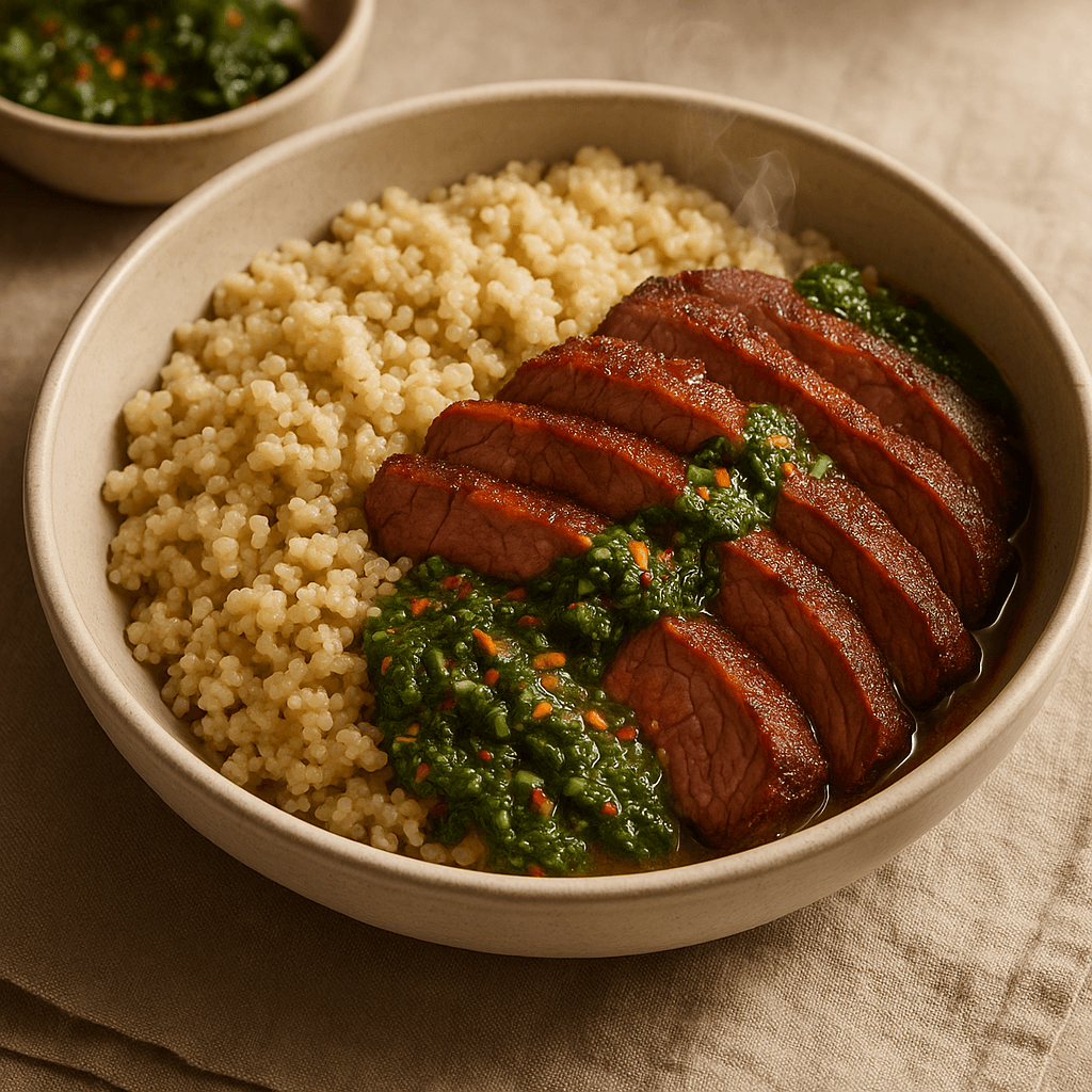 Argentinian Broiled Beef Tri-Tip Bowl with Chimichurri and Creamy Quinoa — High Protein recipe cover
