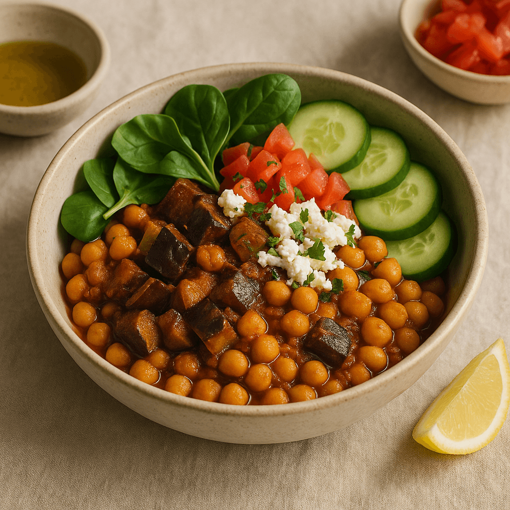 Braised Chickpeas with Spiced Eggplant and Feta Greek Bowl — Vegetarian recipe cover