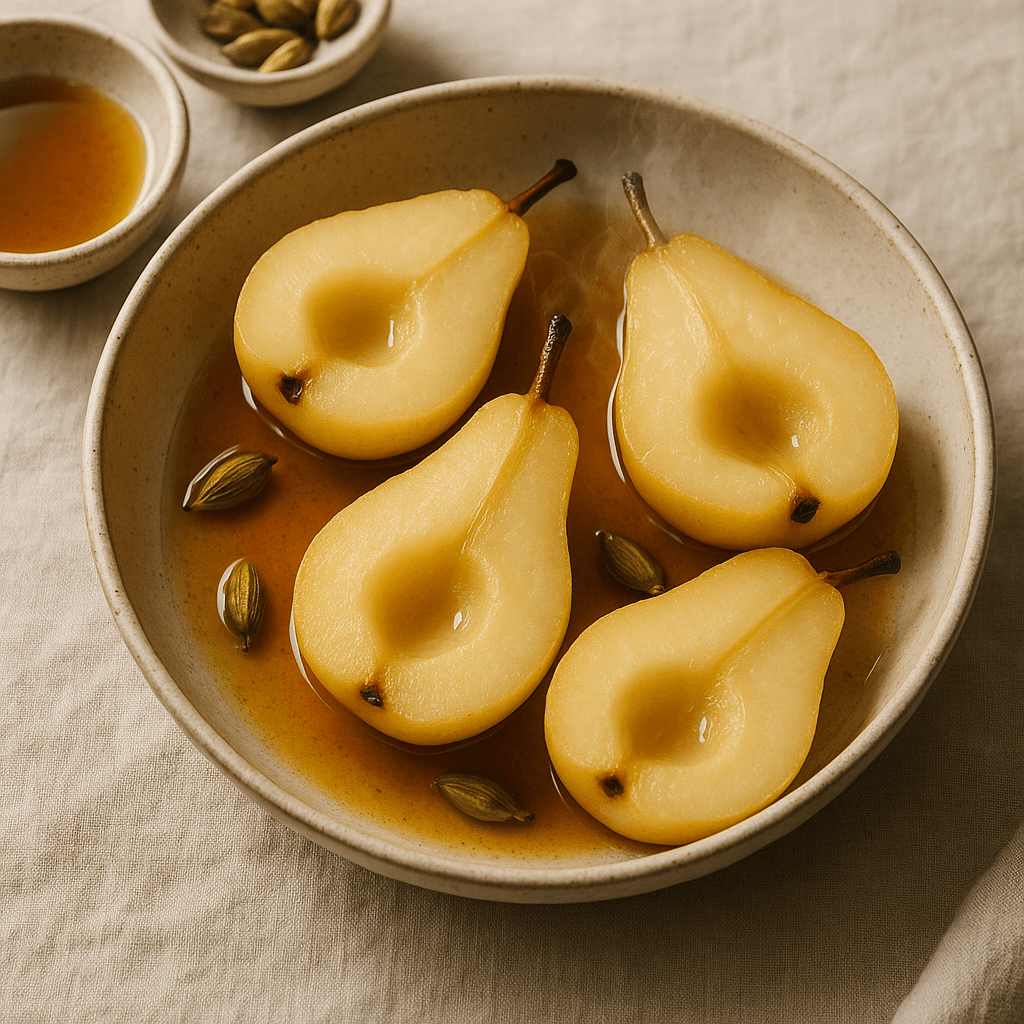 Braised Pears with Orange Blossom and Cardamom Syrup — Desserts recipe cover