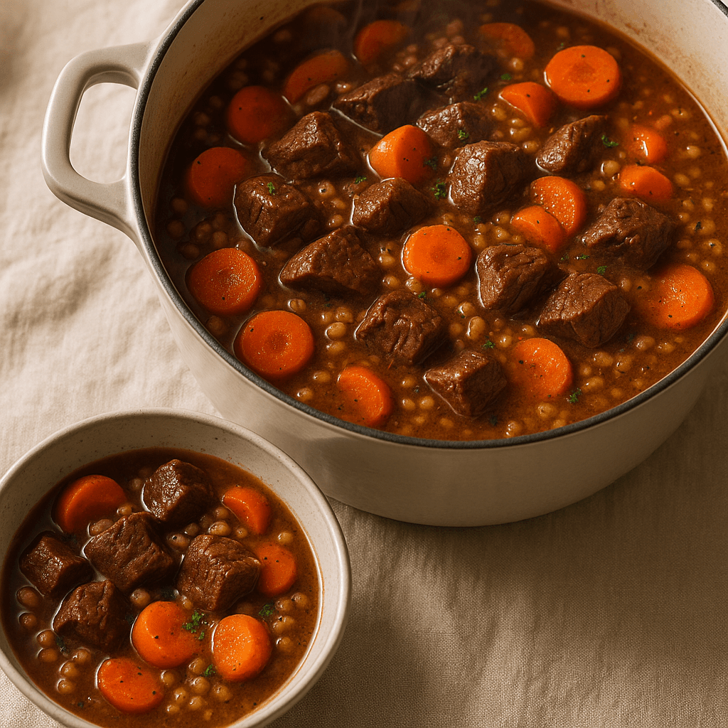 Braised Venison with Root Vegetables and Barley in a Dutch Oven — Dinner recipe, editorial food photography