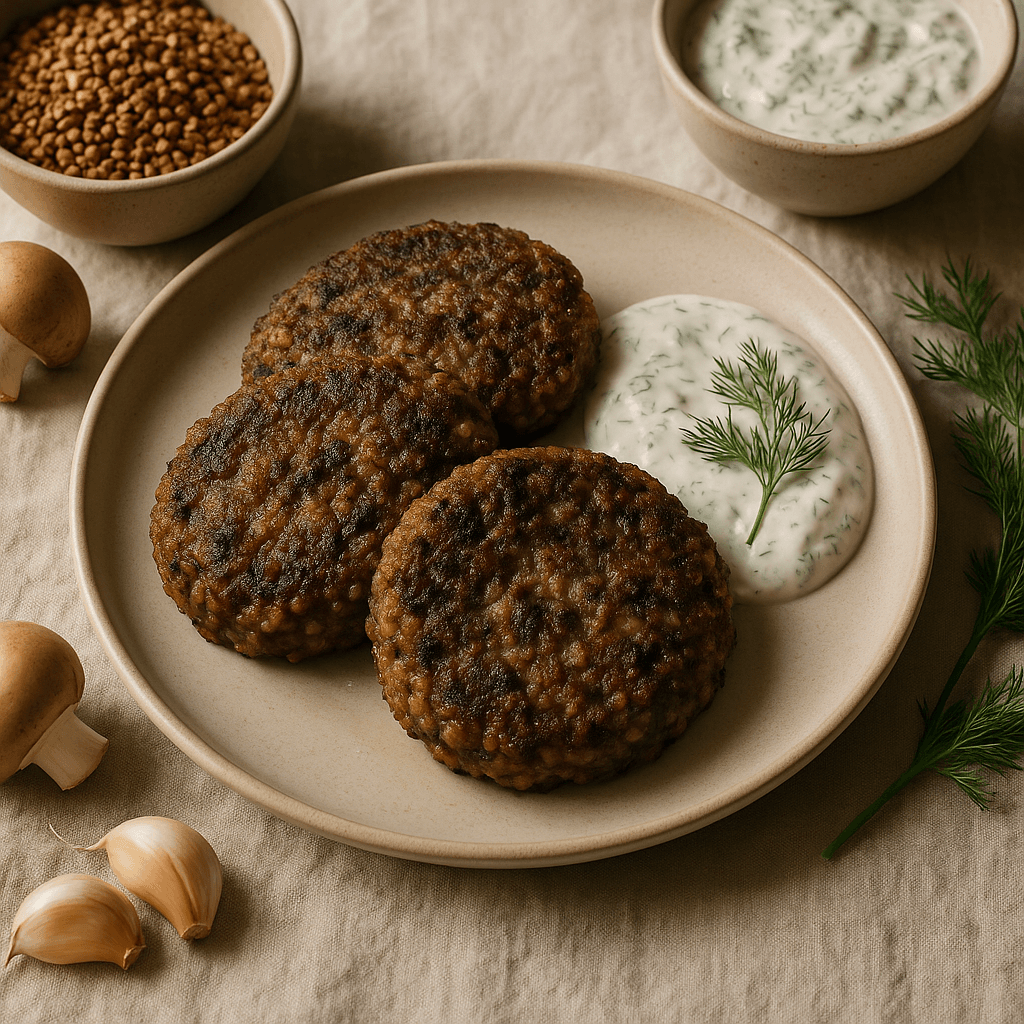 Broiled Buckwheat and Mushroom Patties with Dill Yogurt Sauce — Family Meals recipe cover
