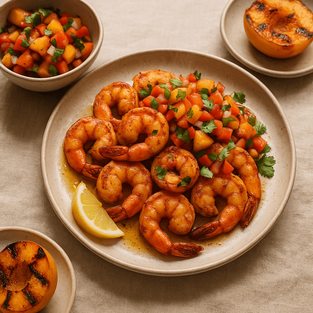 Broiled Cajun-Spiced Shrimp with Charred Peach Salsa — Seasonal recipe cover