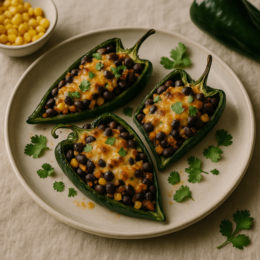 Broiled Tex-Mex Stuffed Poblano Peppers with Black Beans and Corn — Vegetarian recipe cover
