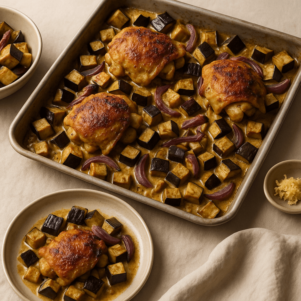 Broiled West African-Spiced Creamy Eggplant and Chicken Sheet Pan — Family Meals recipe cover