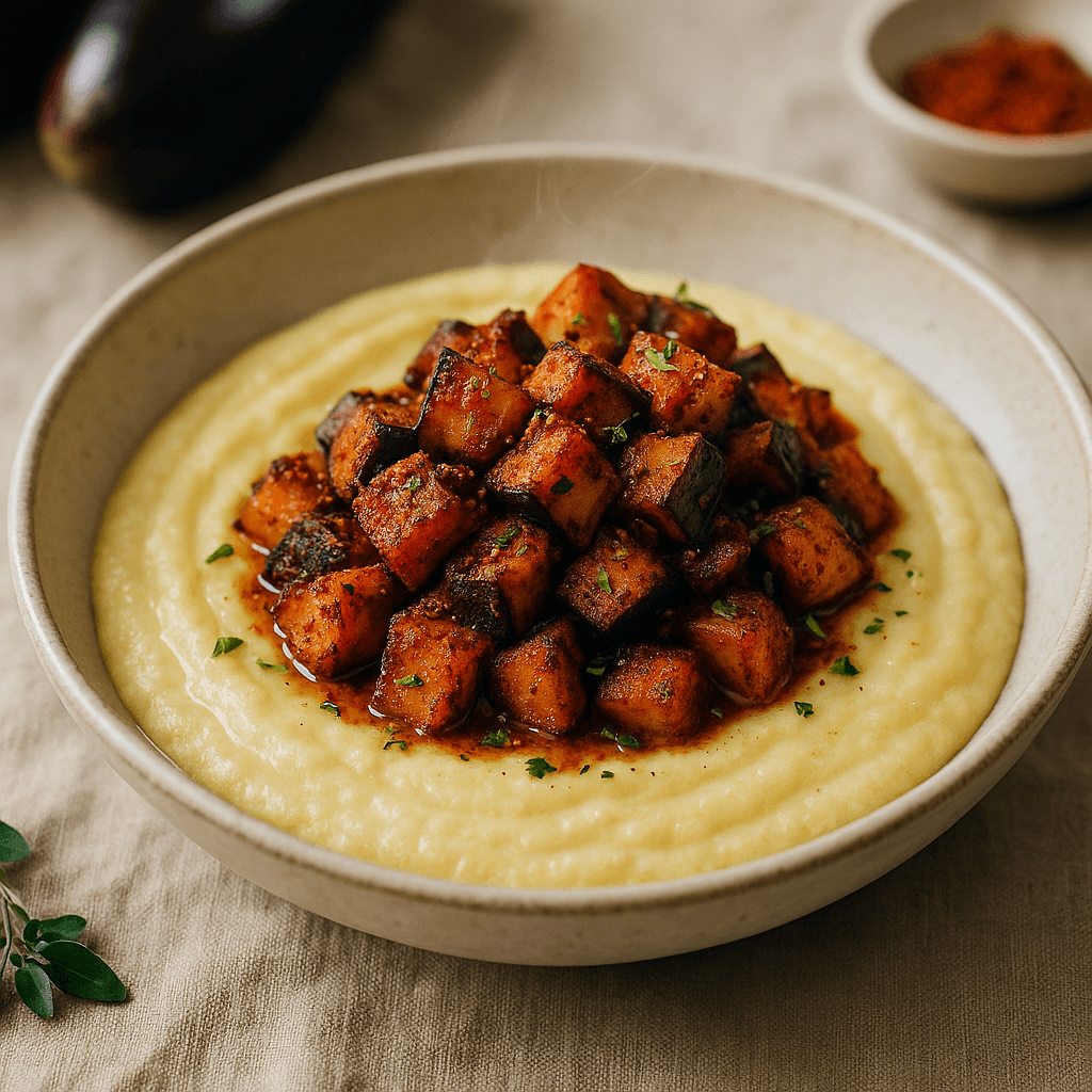 Cajun-Spiced Eggplant Confit with Creamy Coconut Polenta — Vegan recipe cover