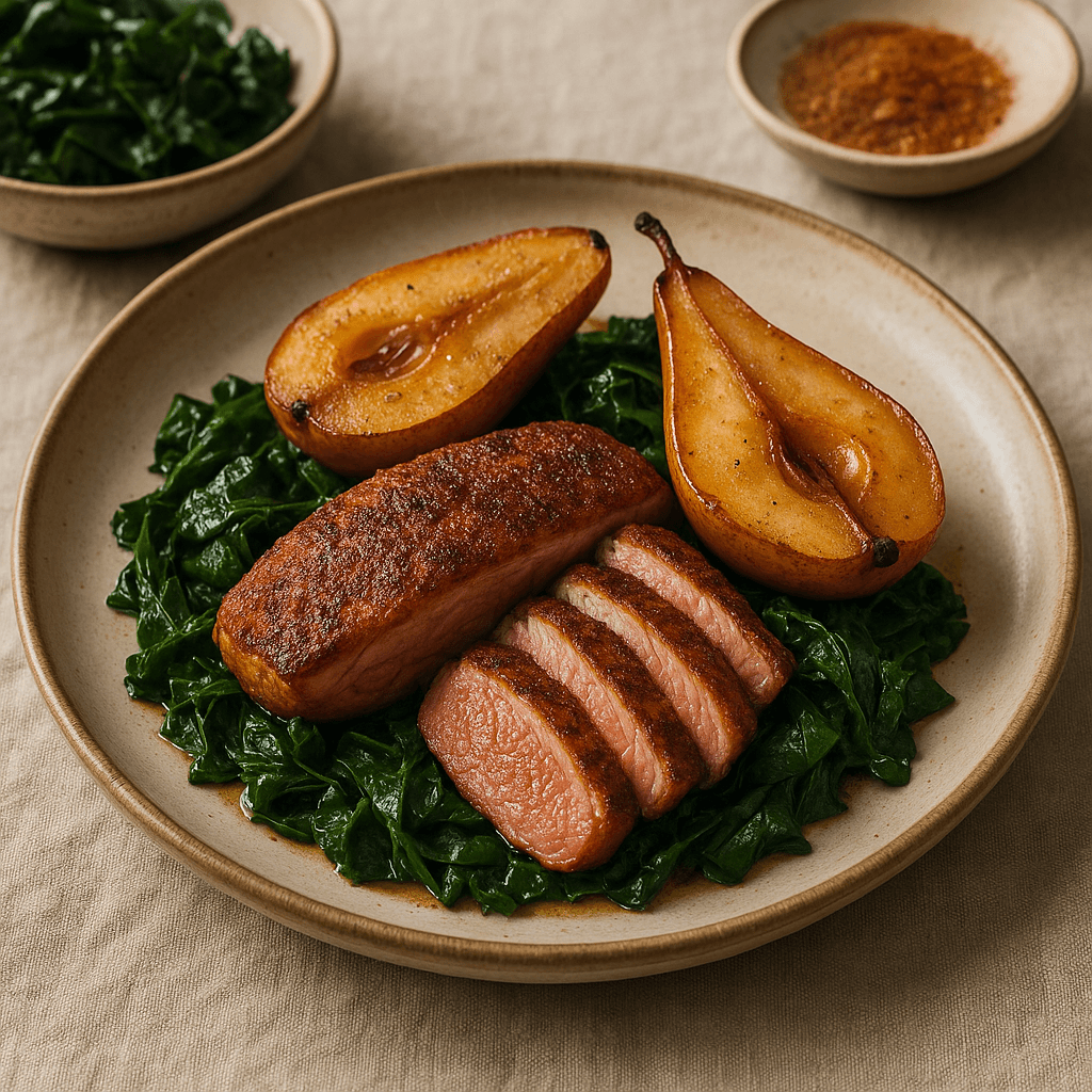 Cajun-Spiced Skillet Duck with Roasted Winter Pears and Collard Greens — Seasonal recipe cover