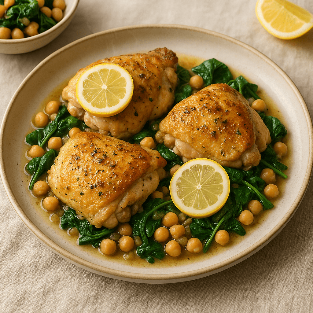 Greek Lemon Chicken with Chickpeas and Spinach — Family Meals recipe, editorial food photography