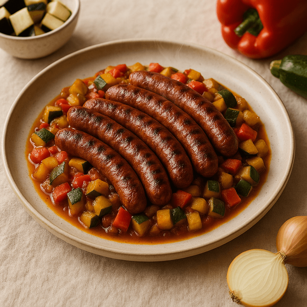 Grilled Merguez Sausage with Spiced Ratatouille — Lunch recipe cover