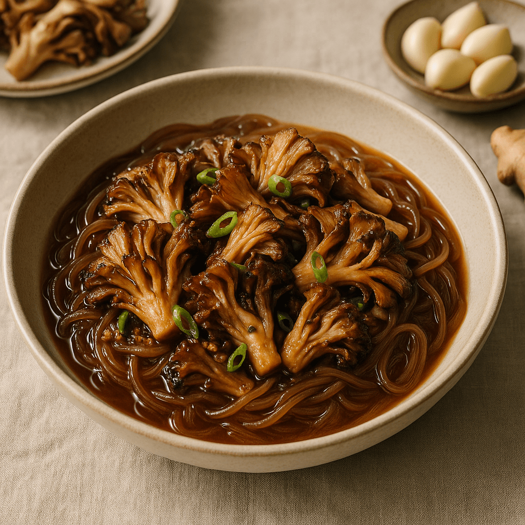 Korean-Inspired Braised Maitake Mushrooms with Sweet Potato Noodles — Seasonal recipe cover