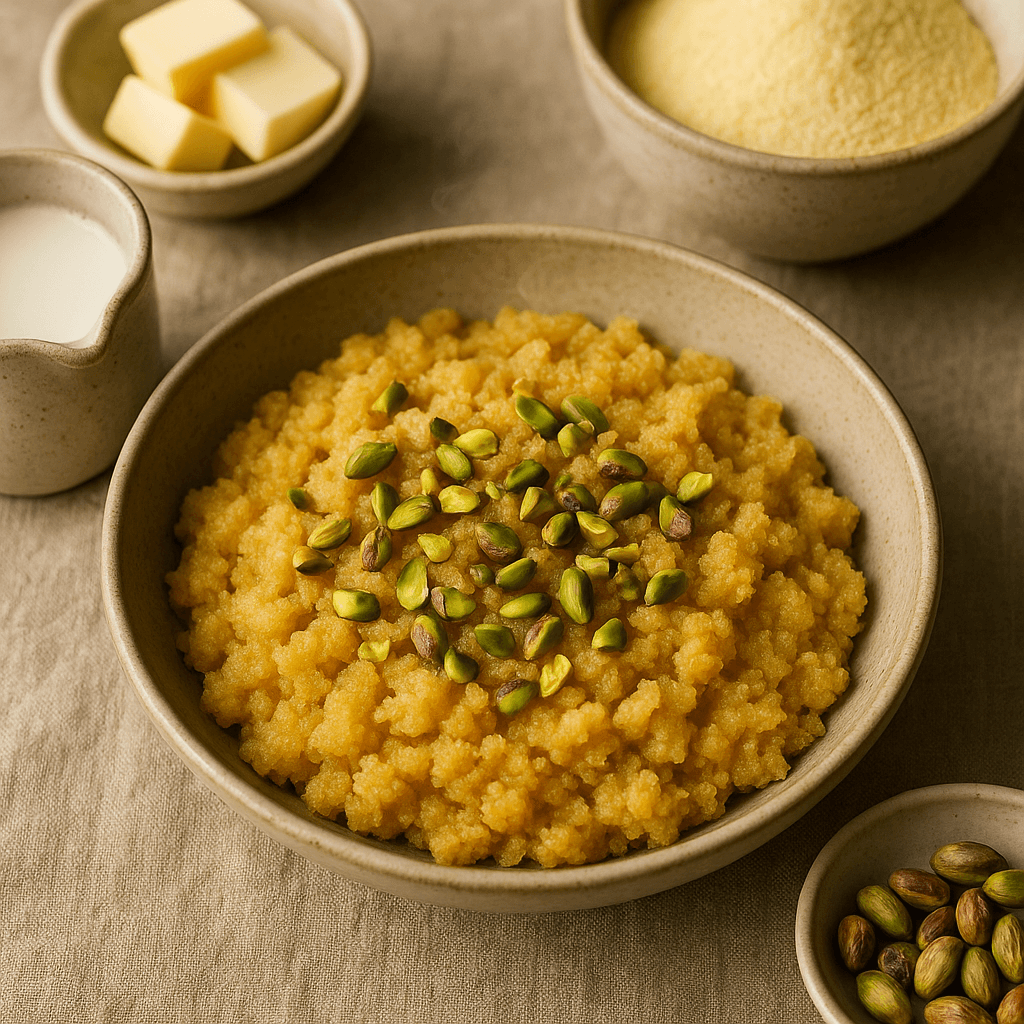 Lebanese Stir-Fried Semolina Pudding with Rosewater and Pistachios — Desserts recipe cover