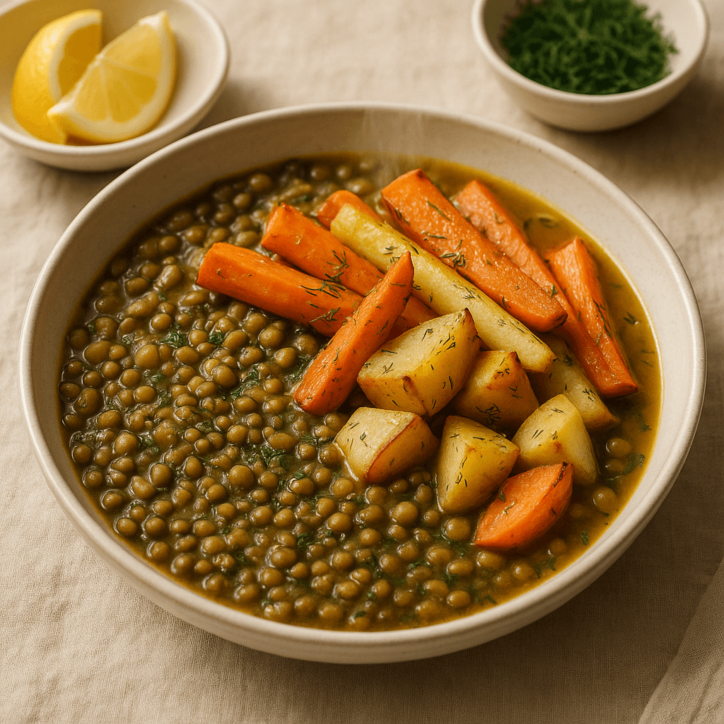 Lemon-Dill Lentil Stew with Roasted Root Vegetables — Vegan recipe cover