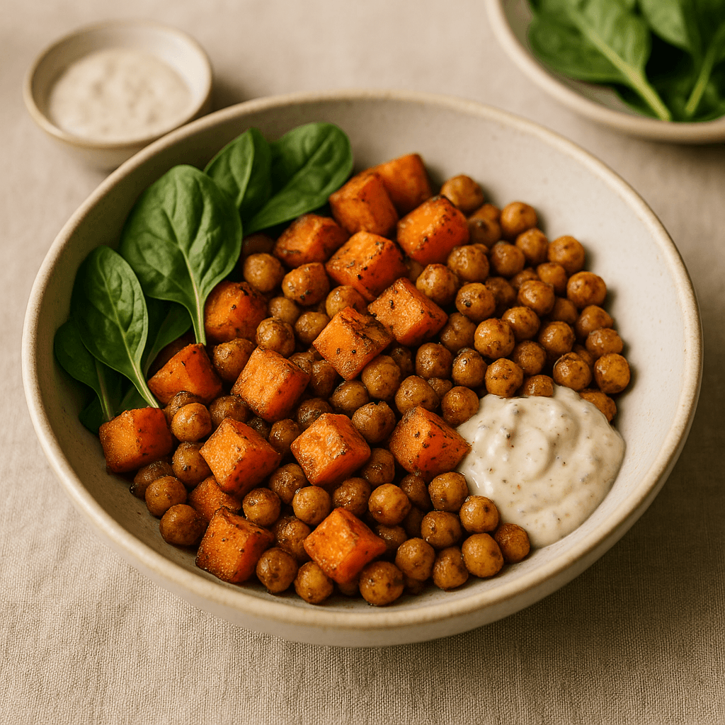 Moroccan-Spiced Roasted Chickpea and Sweet Potato Bowl — Vegan recipe cover