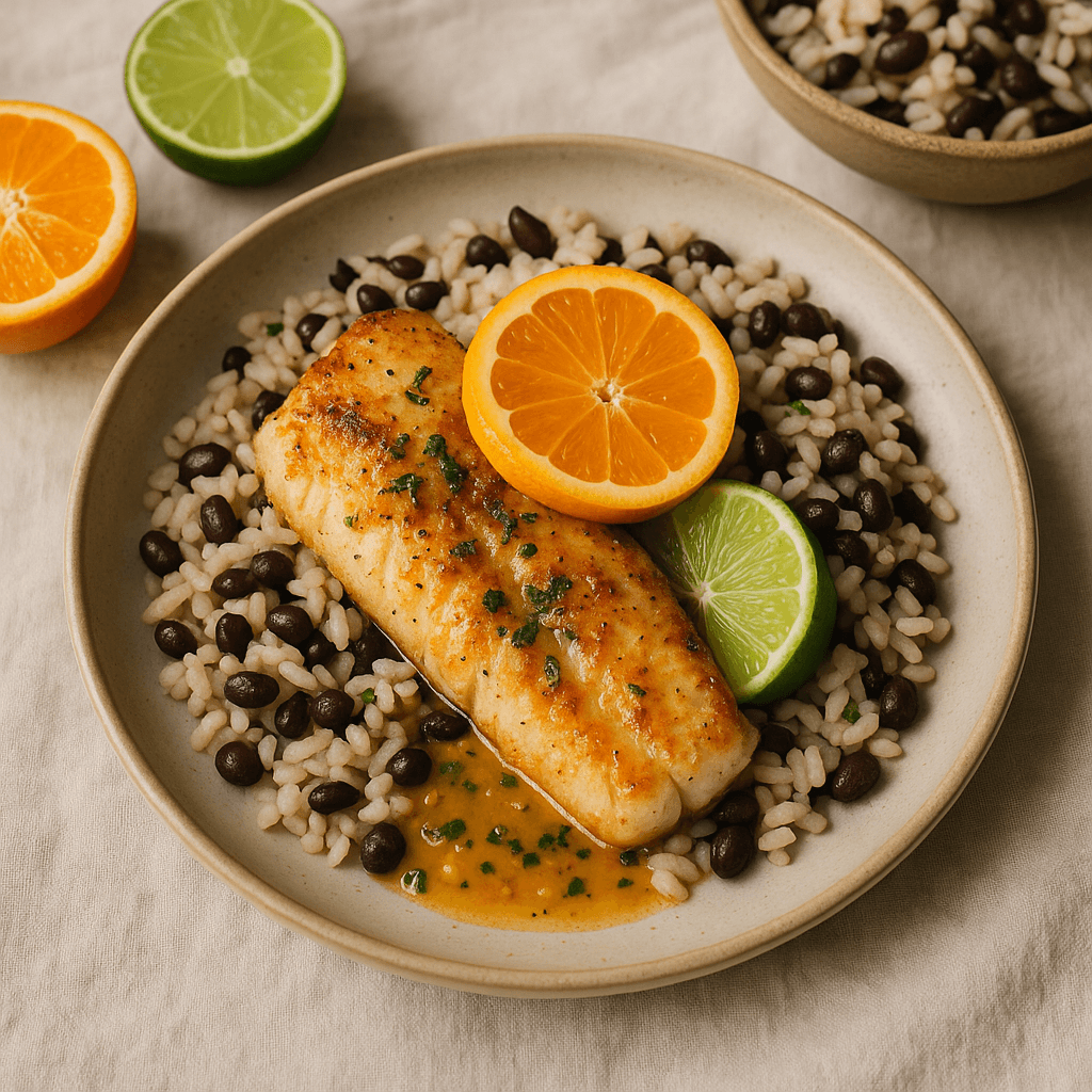 Pan-Seared Brazilian Citrus Fish with Black Bean Rice — Family Meals recipe cover