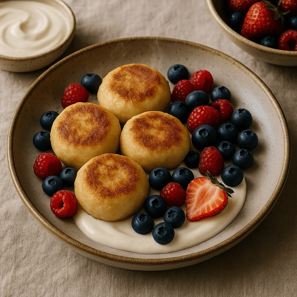 Pan-Seared Semolina Dumplings with Sweetened Sour Cream and Berries — Desserts recipe cover