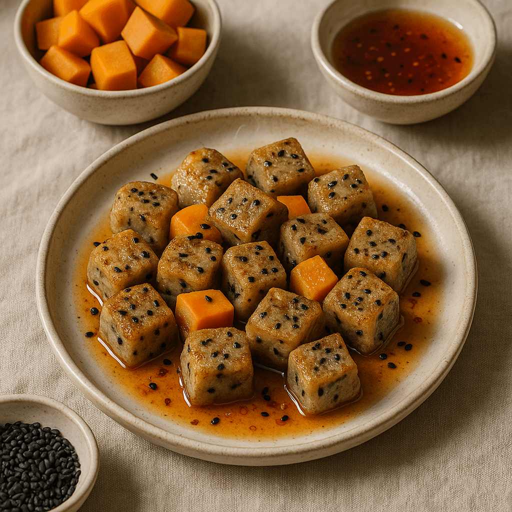 Roasted Sweet Potato and Black Sesame Mochi Bites with Chili Honey — Desserts recipe cover