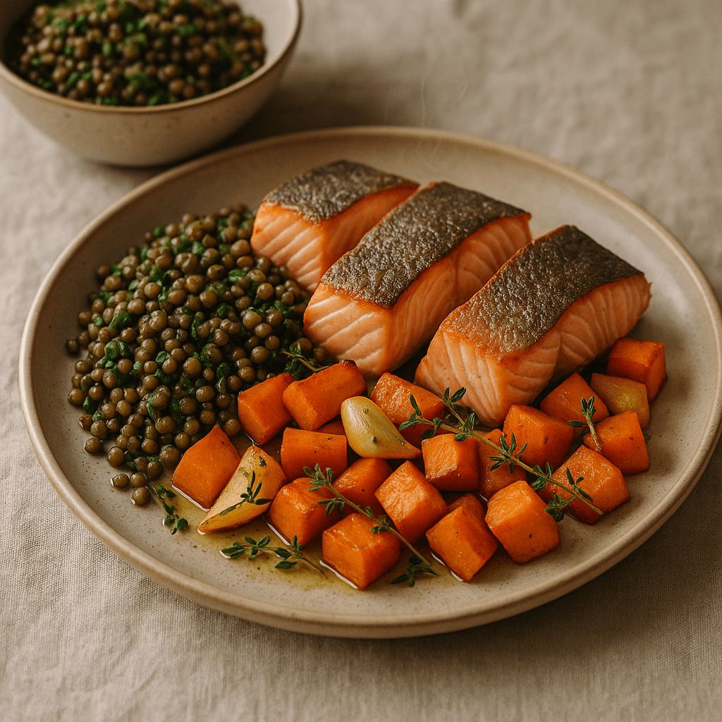 Salmon Confit with Roasted Root Vegetables and Herb Lentils — Family Meals recipe cover