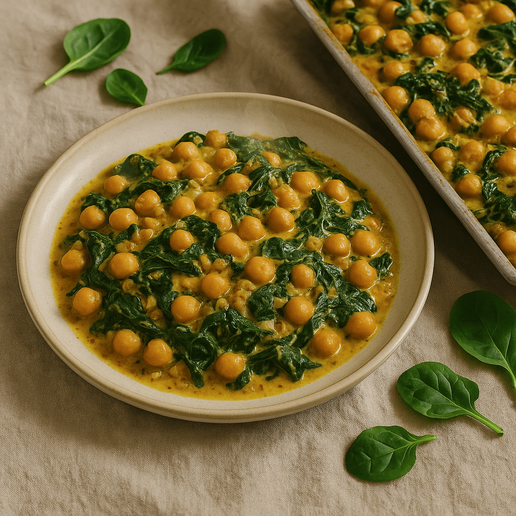 Sheet-Pan Creamy Chickpea and Spinach Bake with Indian Spices — Budget recipe, editorial food photography