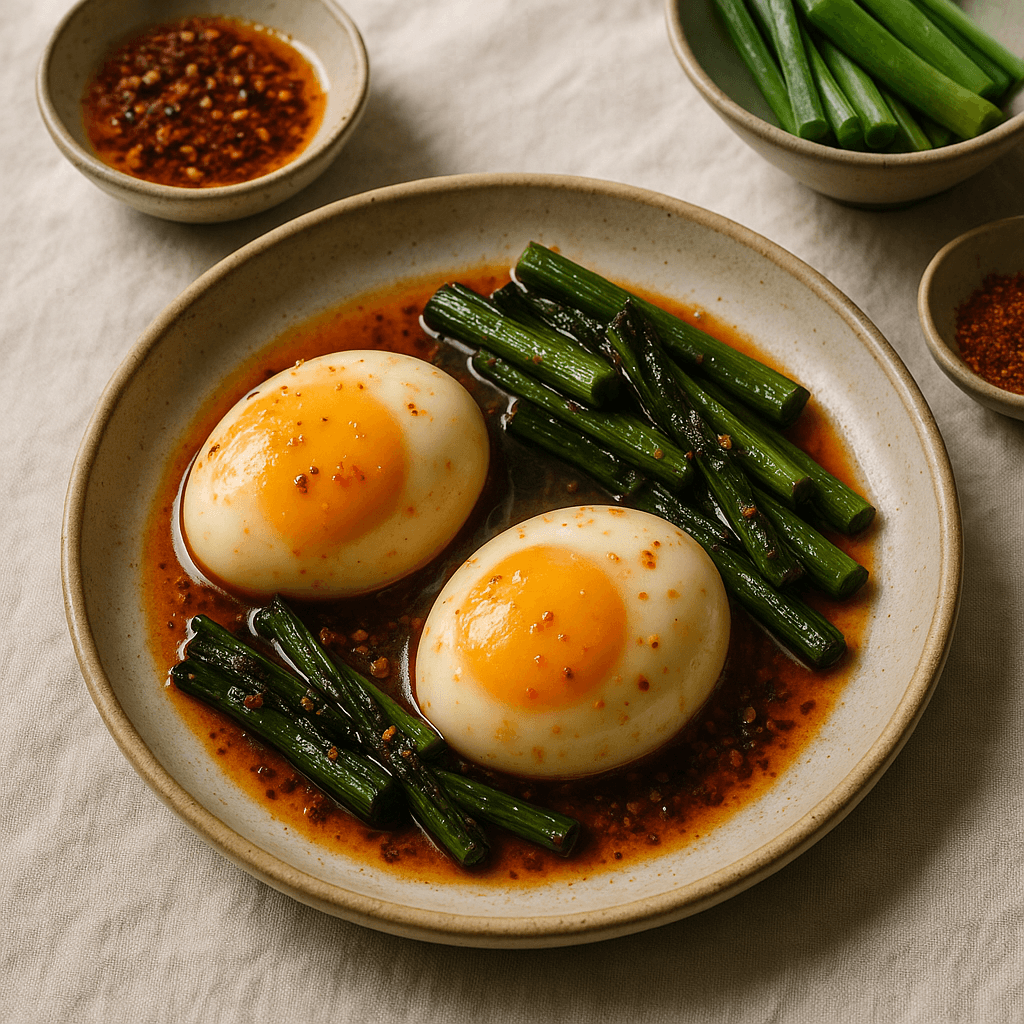 Sichuan-Style Slow-Oil Confit Eggs with Charred Scallion Oil — Breakfast recipe, editorial food photography