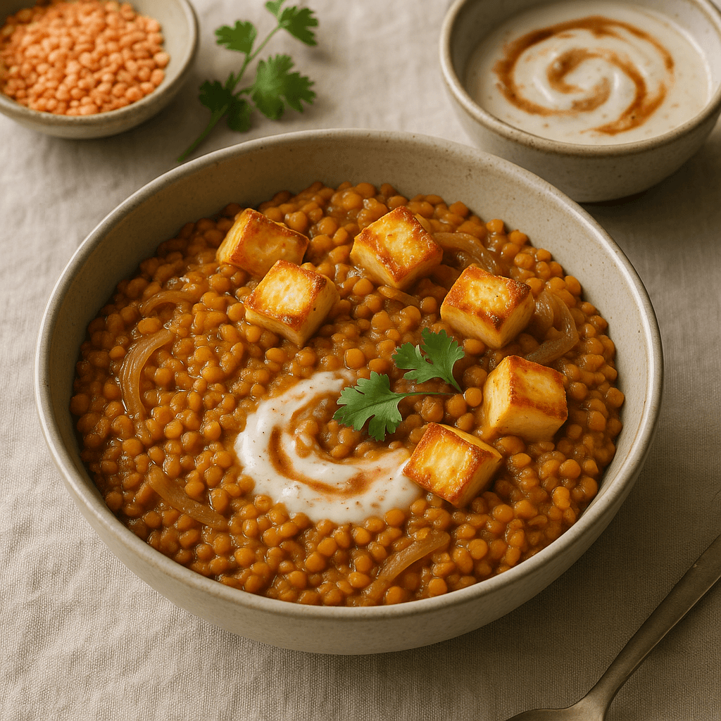 Slow-Cooked Indian-Spiced Lentil and Paneer Bowl with Tamarind Yogurt — Family Meals recipe cover