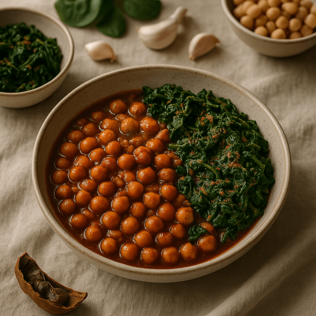 Smoked Tamarind Chickpeas with Spiced Spinach — Budget recipe cover