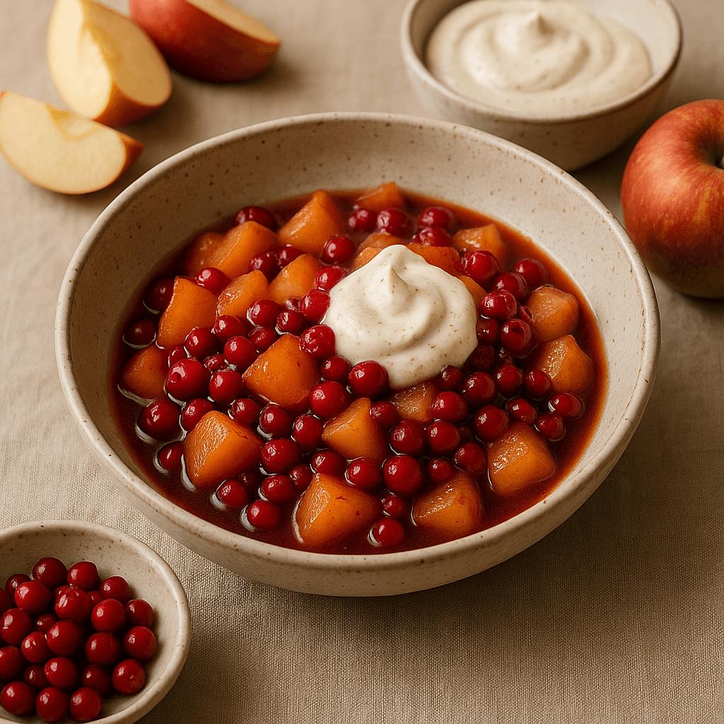Smoky Braised Lingonberry and Apple Compote with Cardamom Cream — Desserts recipe cover
