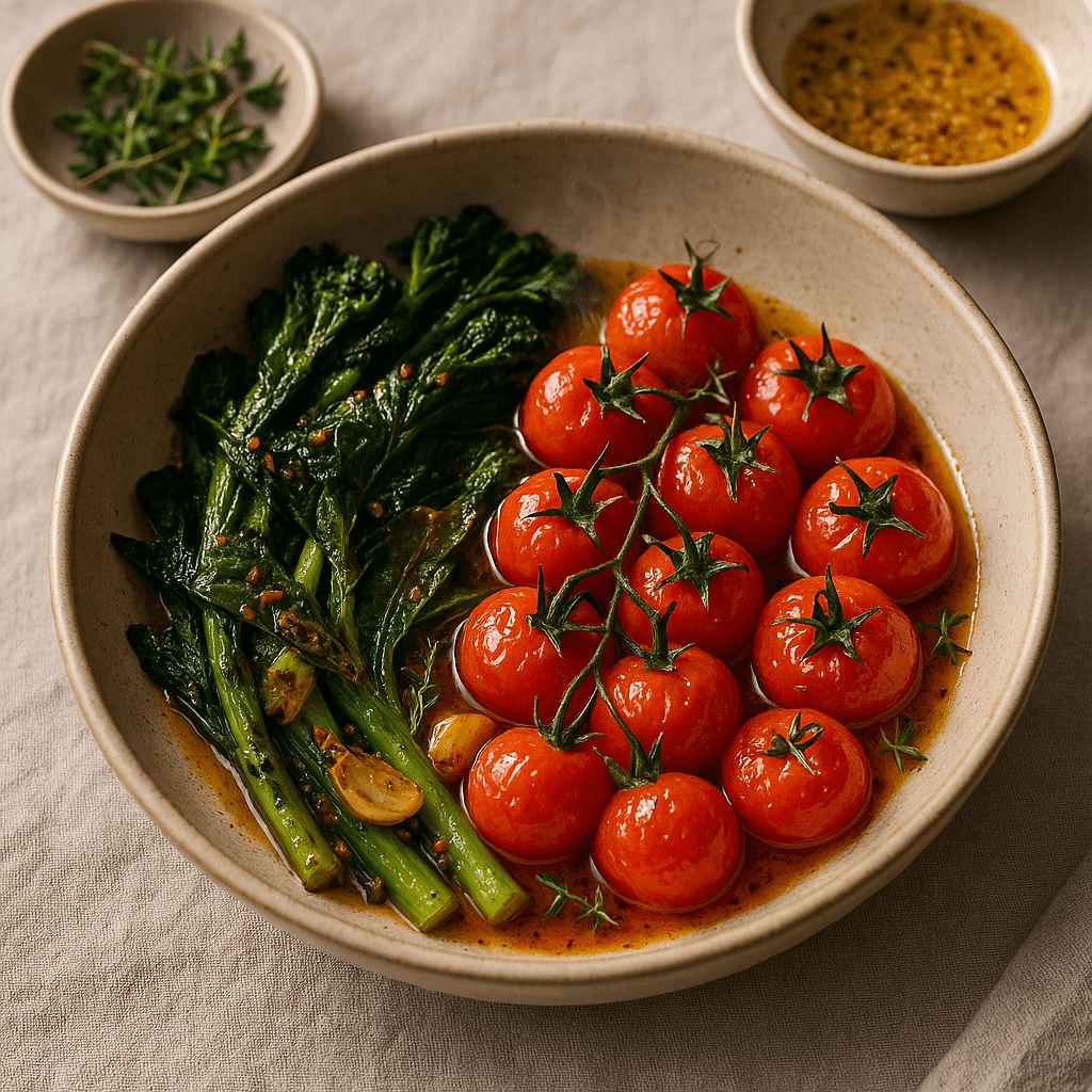 Smoky Confit Tomatoes with Charred Spring Greens and Wholegrain Mustard Dressing — Vegetarian recipe cover