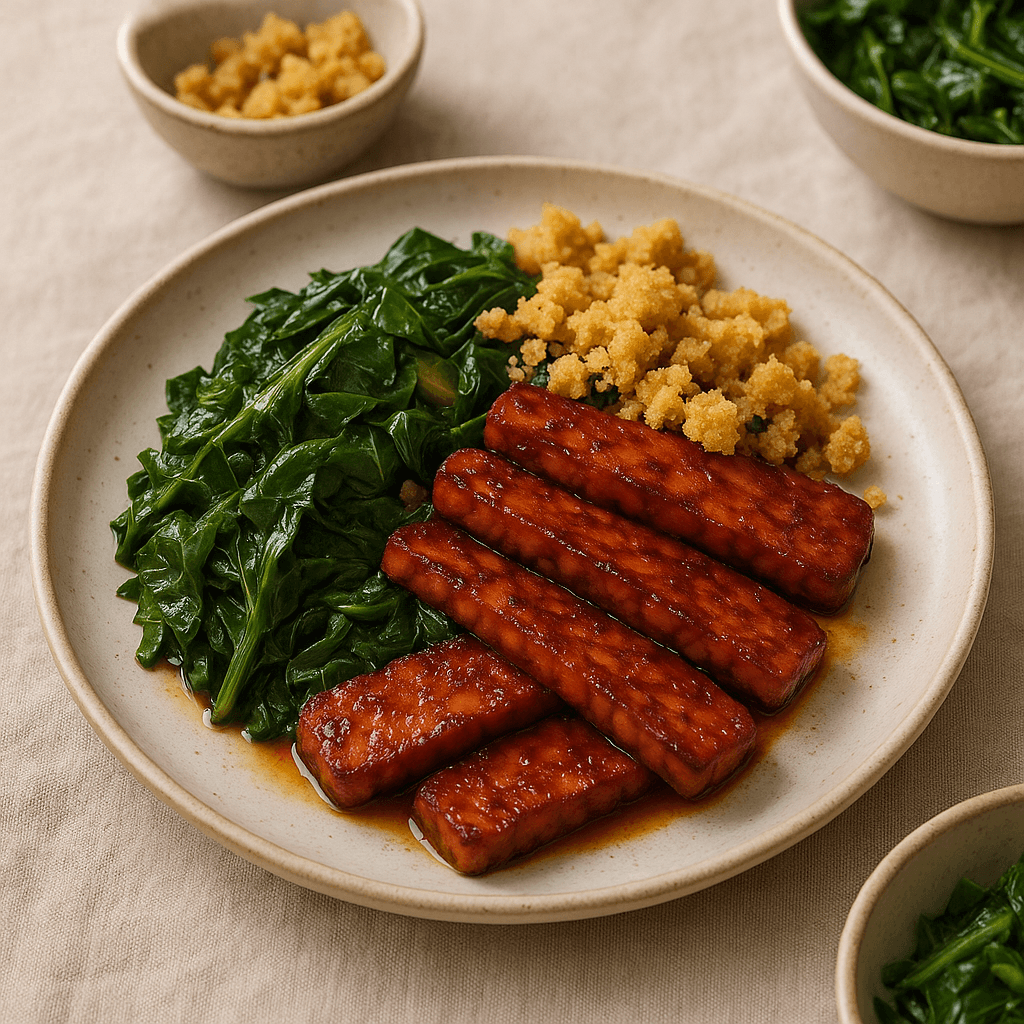 Smoky Marinated Tempeh with Collard Greens and Cornbread Crumble — Vegan recipe cover