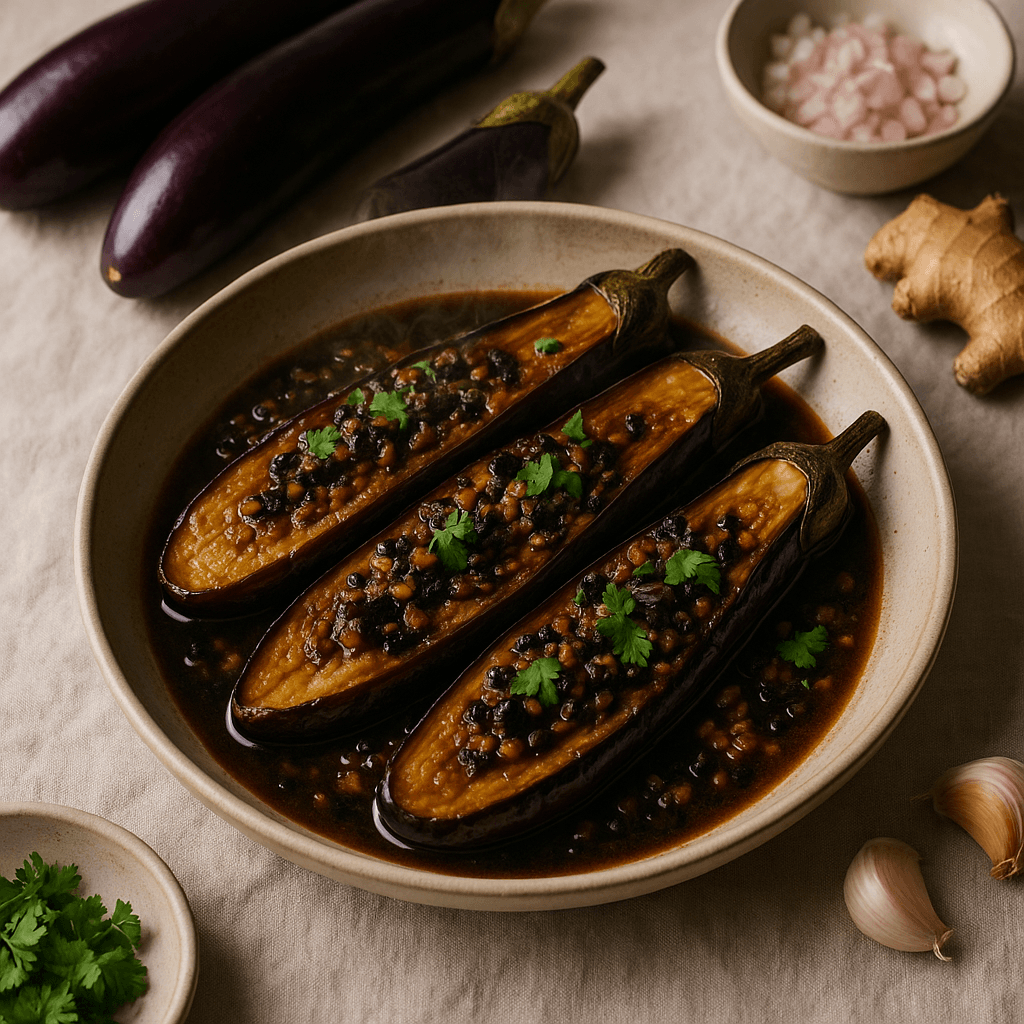 Smoky Vietnamese-Style Pressure Cooker Eggplant with Black Bean Sauce — Vegetarian recipe, editorial food photography