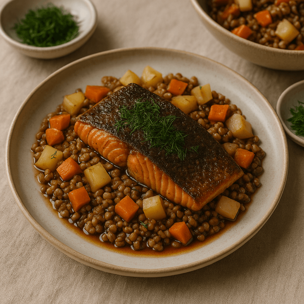 Soy-Simmered Arctic Char with Rye and Root Vegetables — Dinner recipe cover