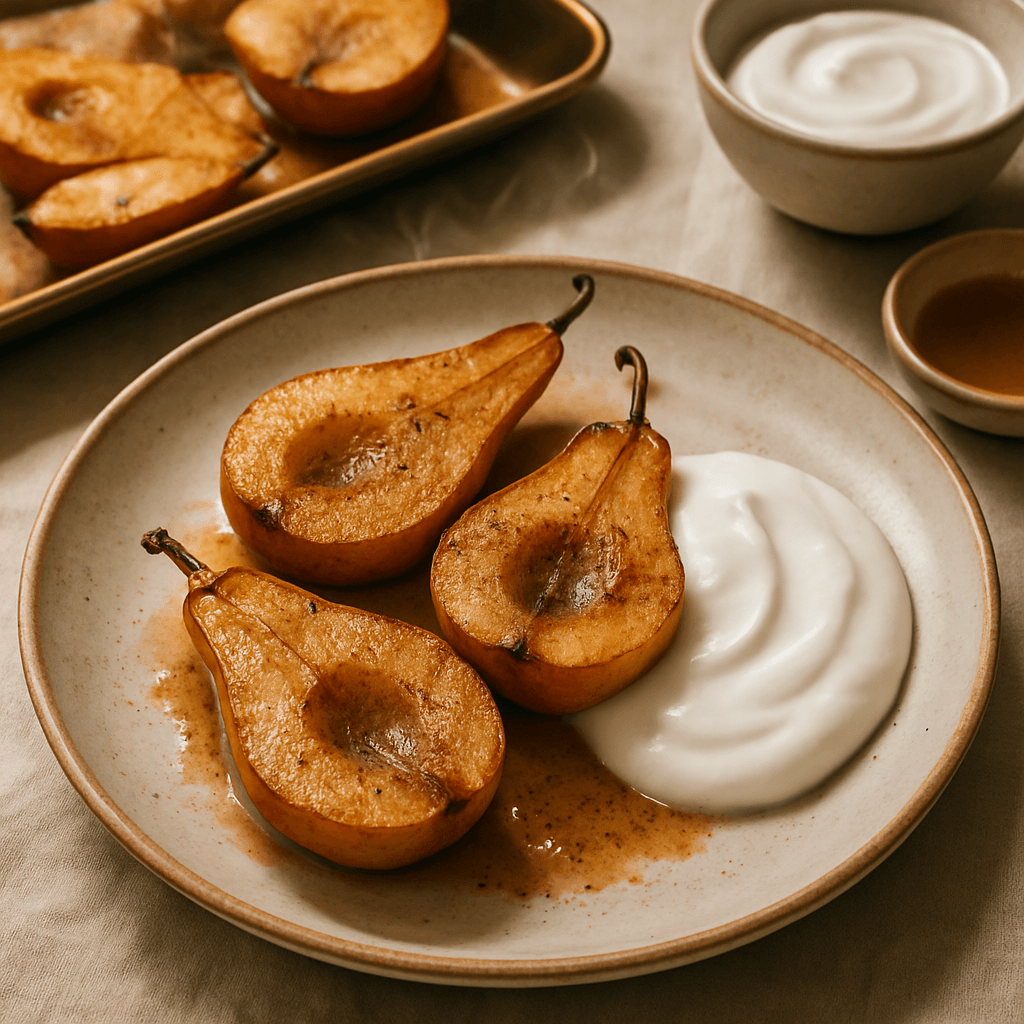 Spiced Cardamom Sheet-Pan Roasted Pears with Coconut Yogurt — Desserts recipe cover