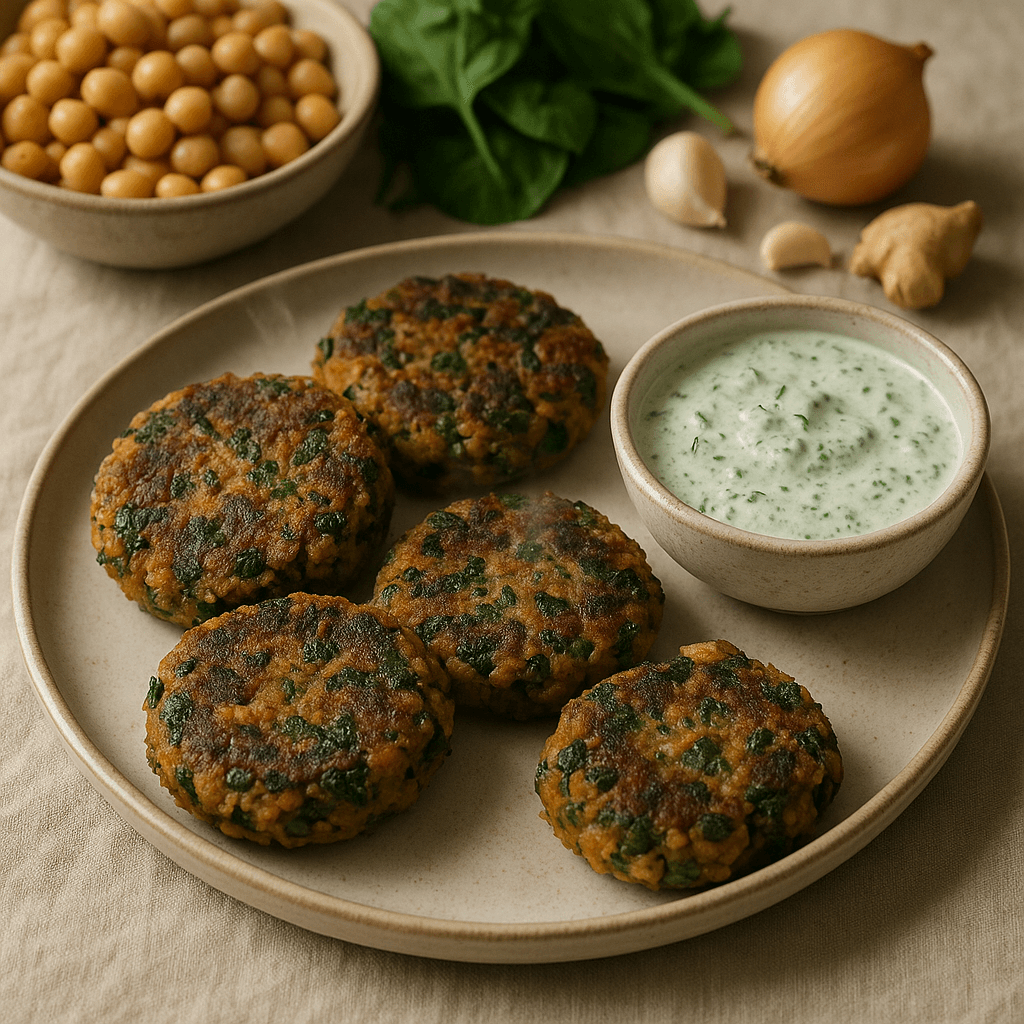 Spiced Chickpea and Spinach Patties with Cilantro Yogurt — Budget recipe cover