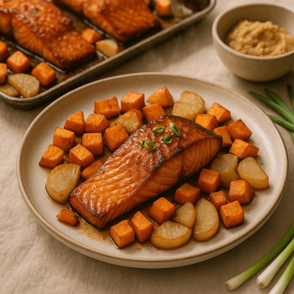 Spiced Miso Salmon Sheet-Pan with Roasted Sweet Potatoes and Daikon — Quick Meals recipe cover