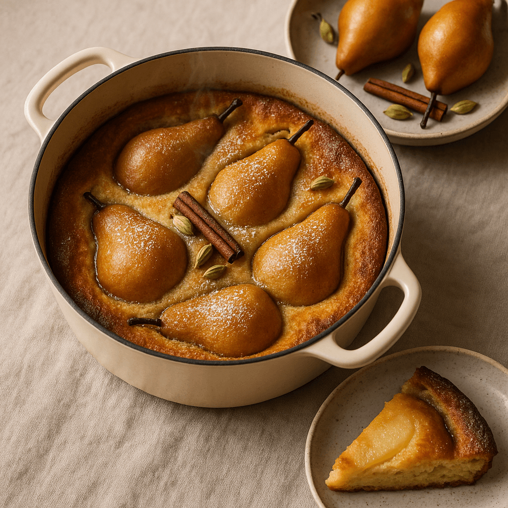 Spiced Pear and Cardamom Dutch Oven Clafoutis — Desserts recipe cover