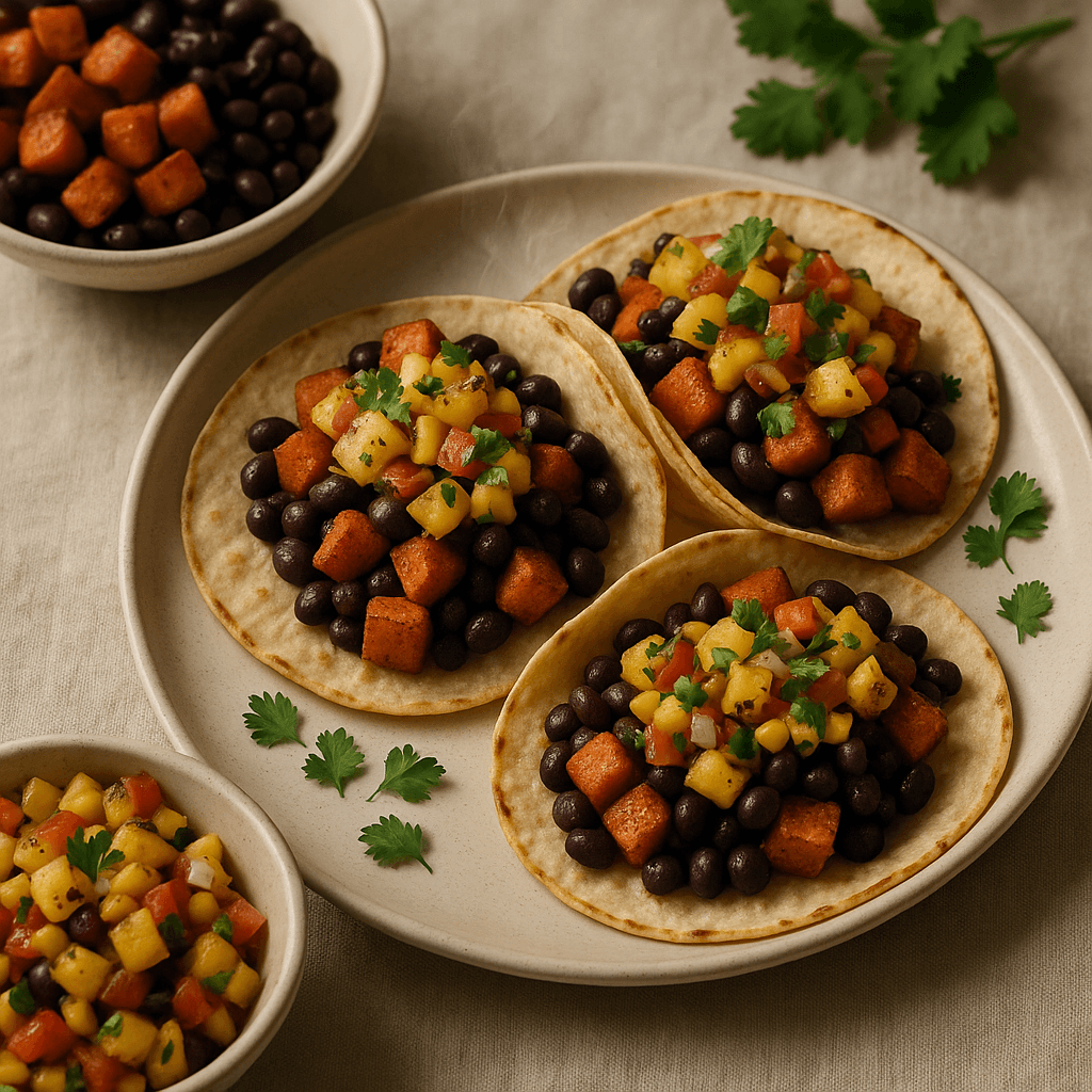 Spiced Sweet Potato and Black Bean Tacos with Charred Pineapple Salsa — Vegetarian recipe cover