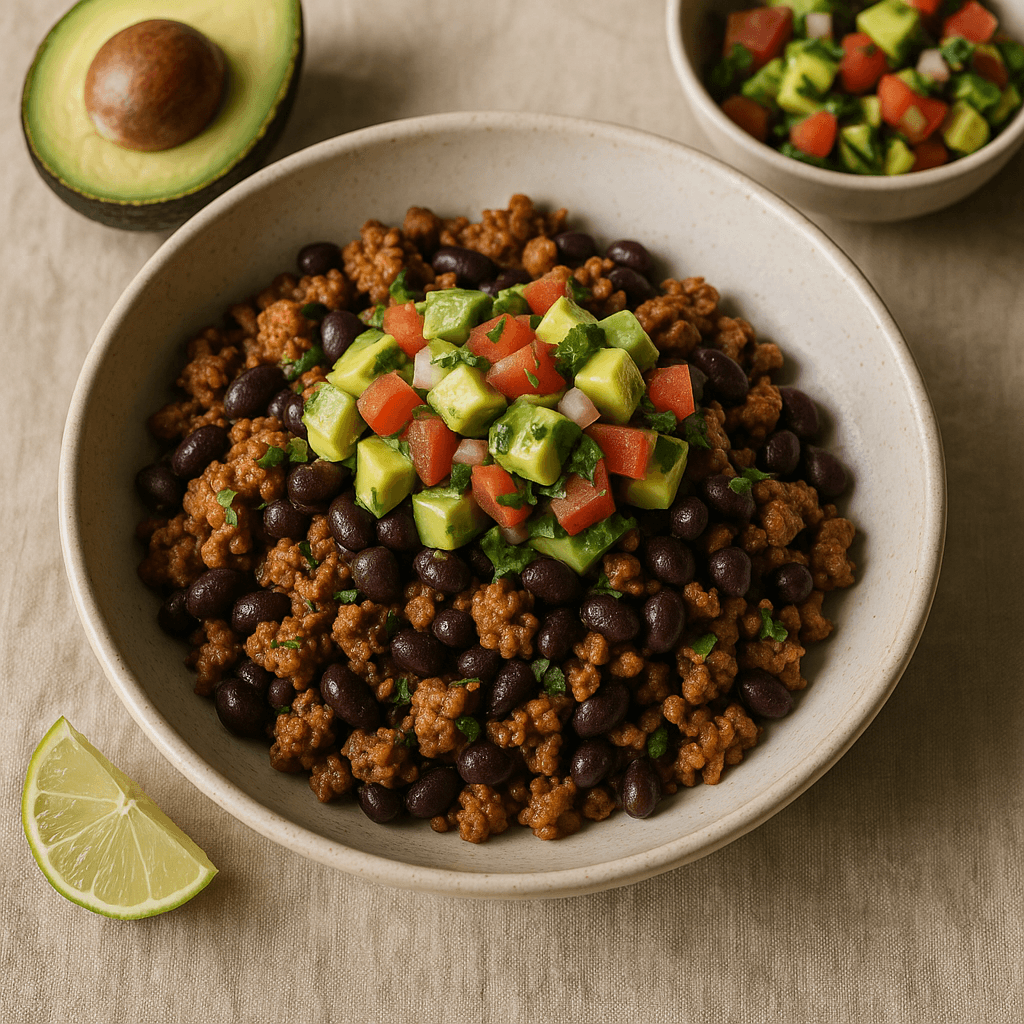 Spiced Turkey and Black Bean Skillet with Avocado Salsa — High Protein recipe cover