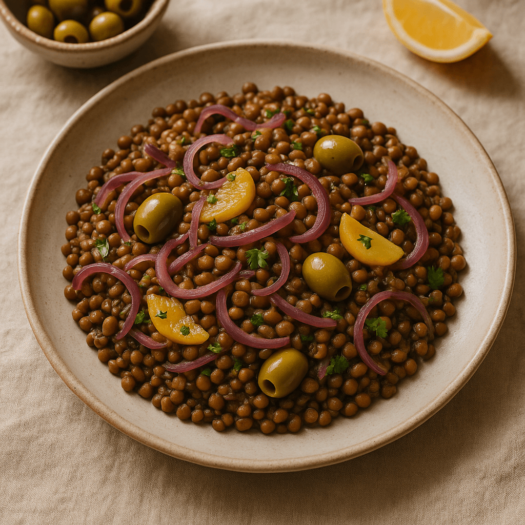 Stir-Fried Lentils with Tangy Preserved Lemon and Olives — Vegan recipe cover