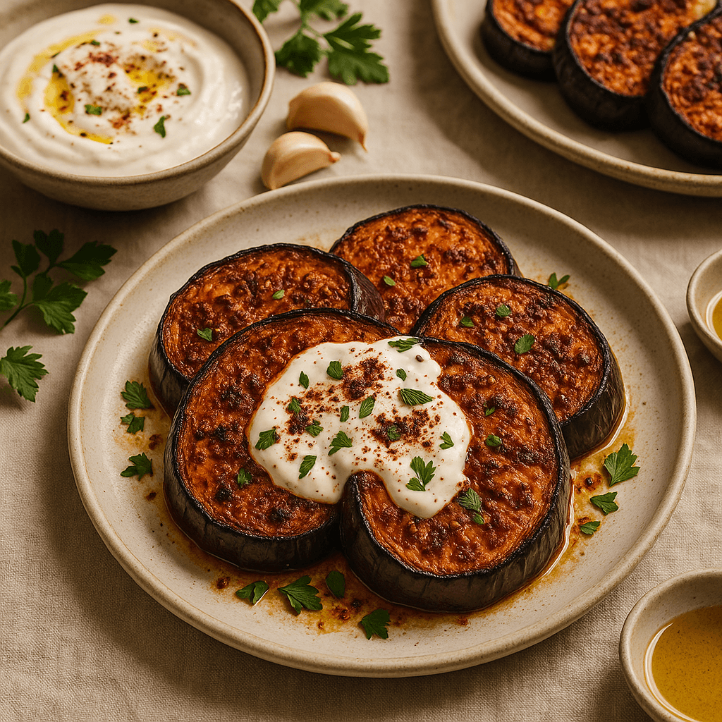 Turkish Marinated Eggplant Steaks with Tangy Yogurt Sauce — Budget recipe cover