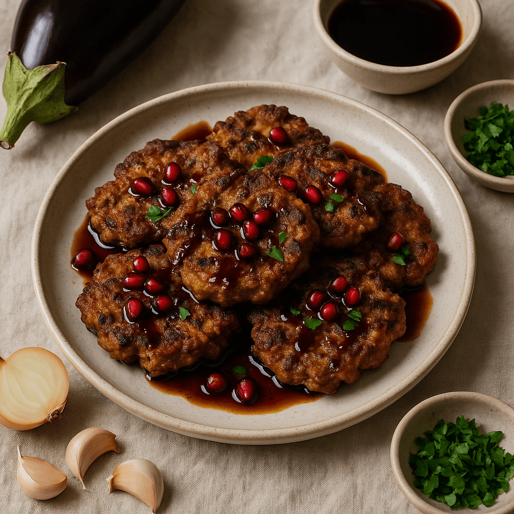 Turkish-Spiced Eggplant Fritters with Pomegranate Molasses Glaze — Lunch recipe cover